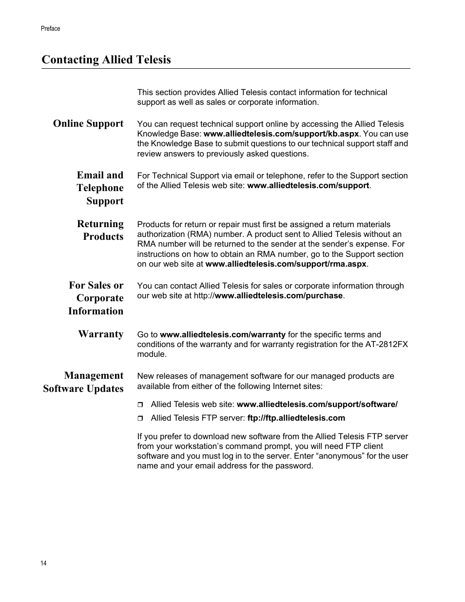 Contacting allied telesis, Online support, Email and telephone support | Returning products, For sales or corporate information, Warranty, Management software updates | Allied Telesis AT-2812FX User Manual | Page 14 / 82