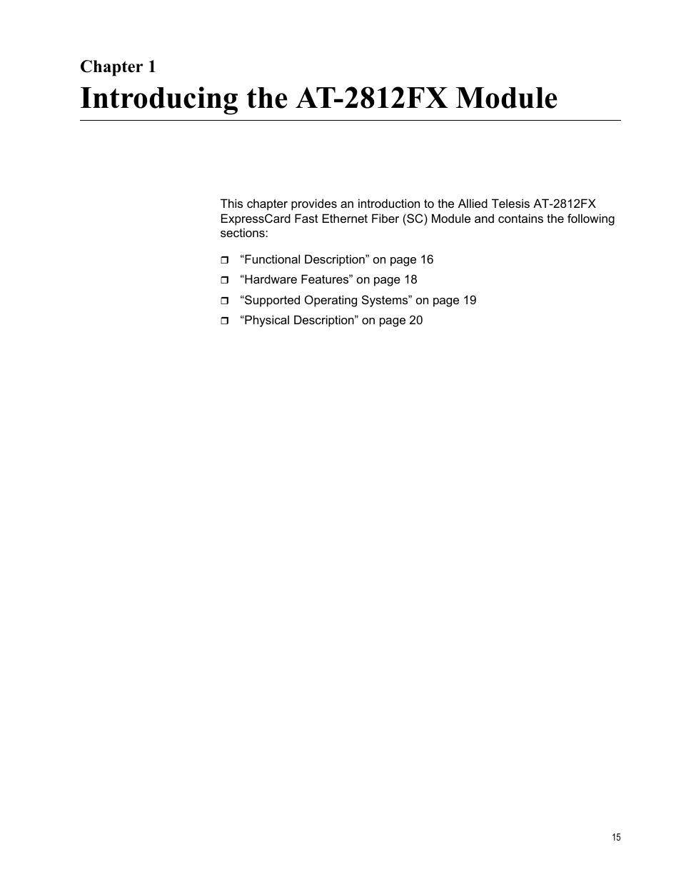 Chapter 1, Introducing the at-2812fx module | Allied Telesis AT-2812FX User Manual | Page 15 / 82