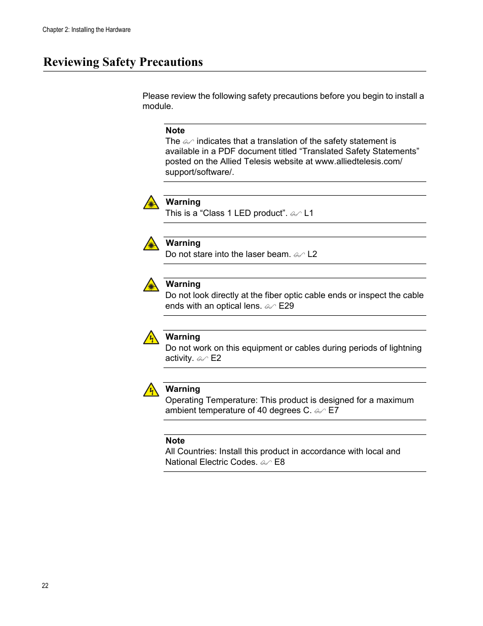 Reviewing safety precautions | Allied Telesis AT-2812FX User Manual | Page 22 / 82