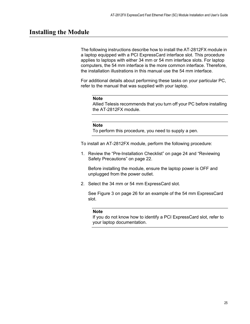 Installing the module | Allied Telesis AT-2812FX User Manual | Page 25 / 82