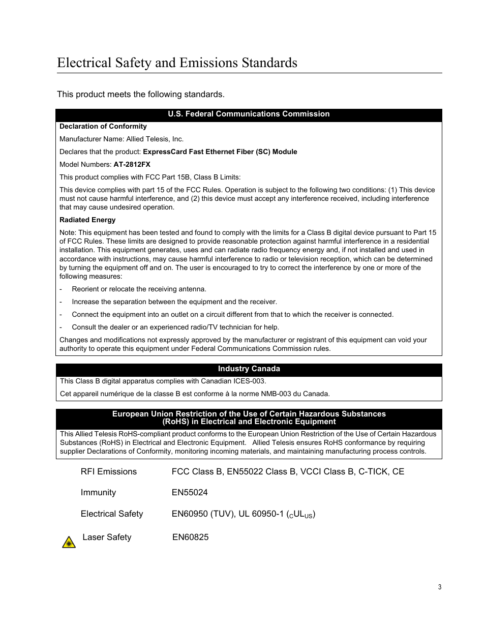 Electrical safety and emissions standards | Allied Telesis AT-2812FX User Manual | Page 3 / 82