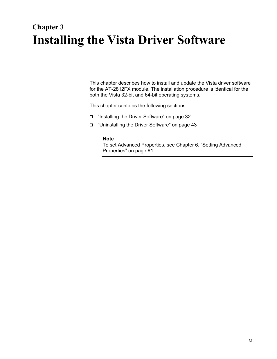 Chapter 3, Installing the vista driver software, R 3: installing the vista driver software | Allied Telesis AT-2812FX User Manual | Page 31 / 82