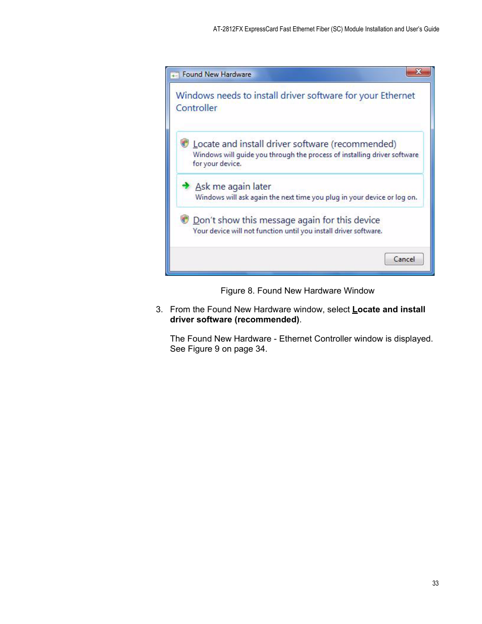 Figure 8. found new hardware window | Allied Telesis AT-2812FX User Manual | Page 33 / 82