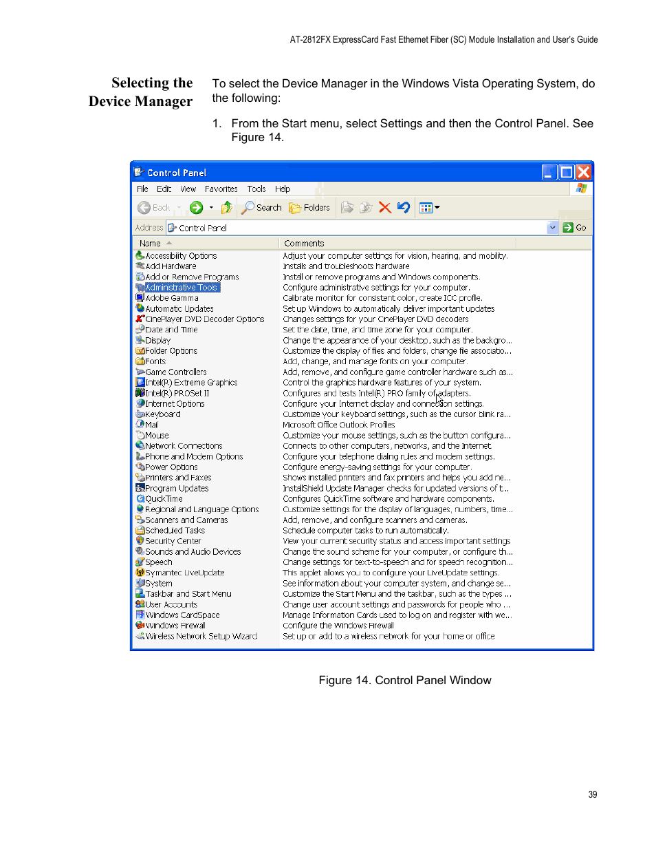 Selecting the device manager, Figure 14. control panel window | Allied Telesis AT-2812FX User Manual | Page 39 / 82