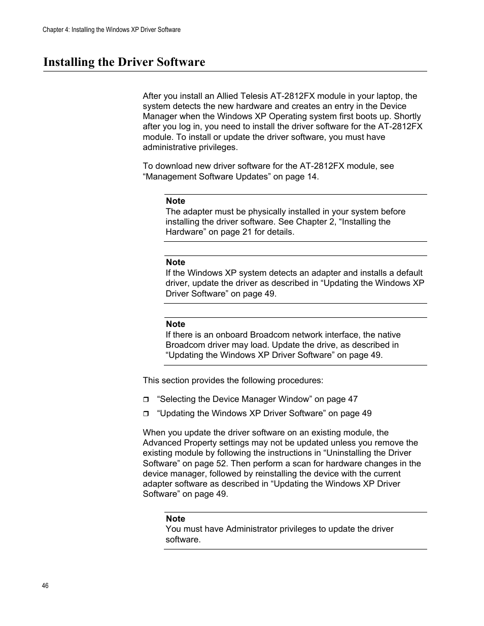 Installing the driver software | Allied Telesis AT-2812FX User Manual | Page 46 / 82