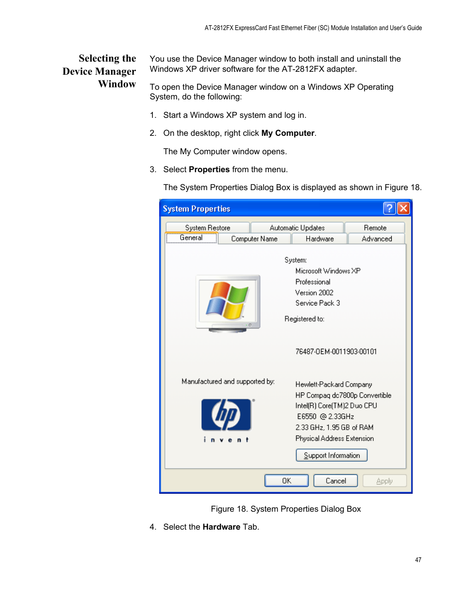 Selecting the device manager window, Figure 18. system properties dialog box | Allied Telesis AT-2812FX User Manual | Page 47 / 82