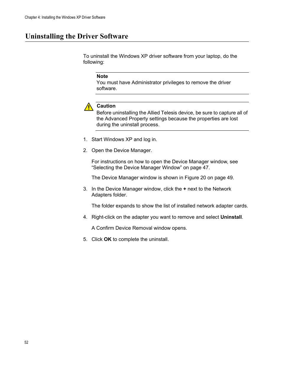 Uninstalling the driver software | Allied Telesis AT-2812FX User Manual | Page 52 / 82