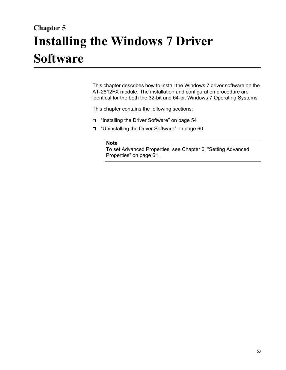 Chapter 5, Installing the windows 7 driver software | Allied Telesis AT-2812FX User Manual | Page 53 / 82