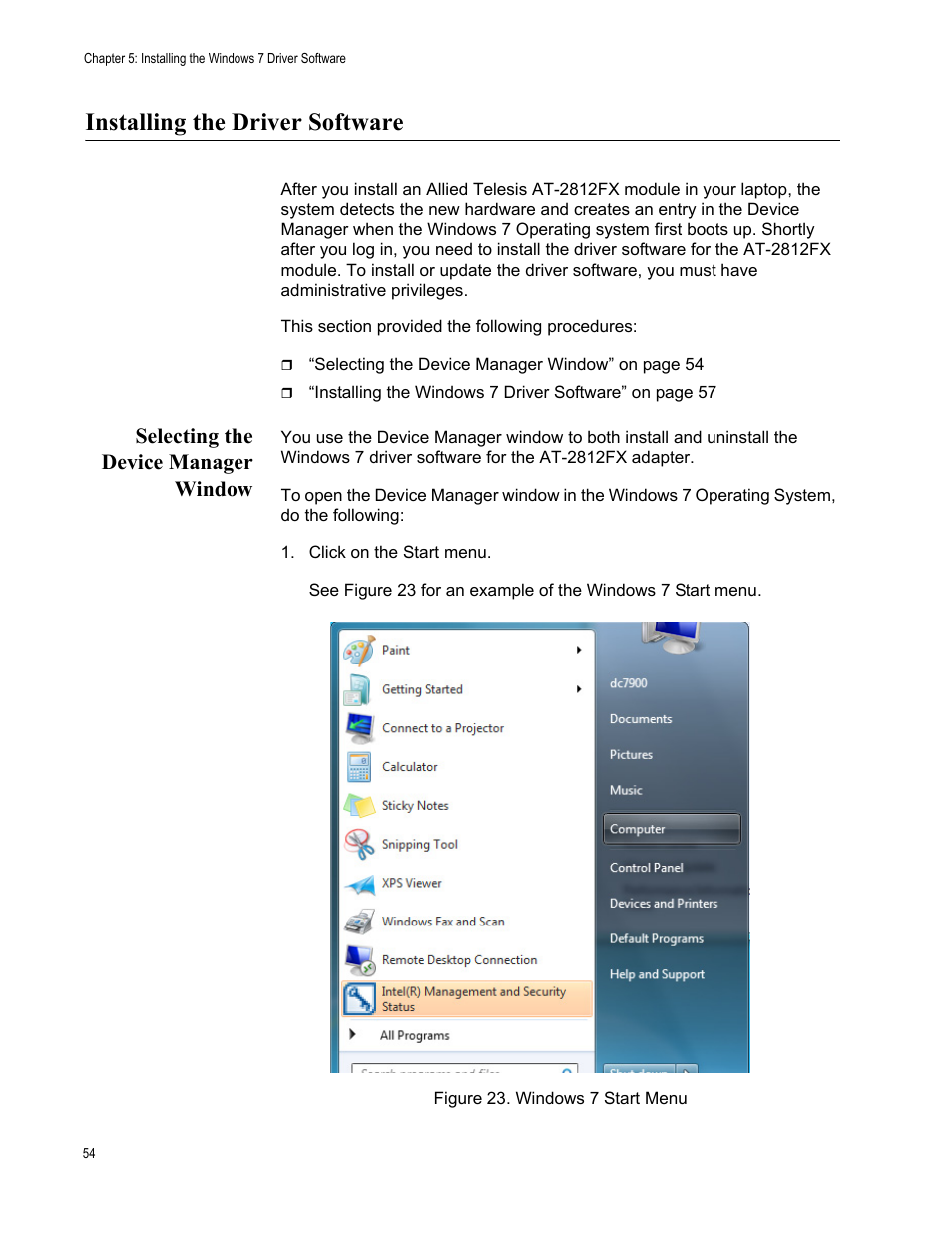 Installing the driver software, Selecting the device manager window, Figure 23. windows 7 start menu | Allied Telesis AT-2812FX User Manual | Page 54 / 82