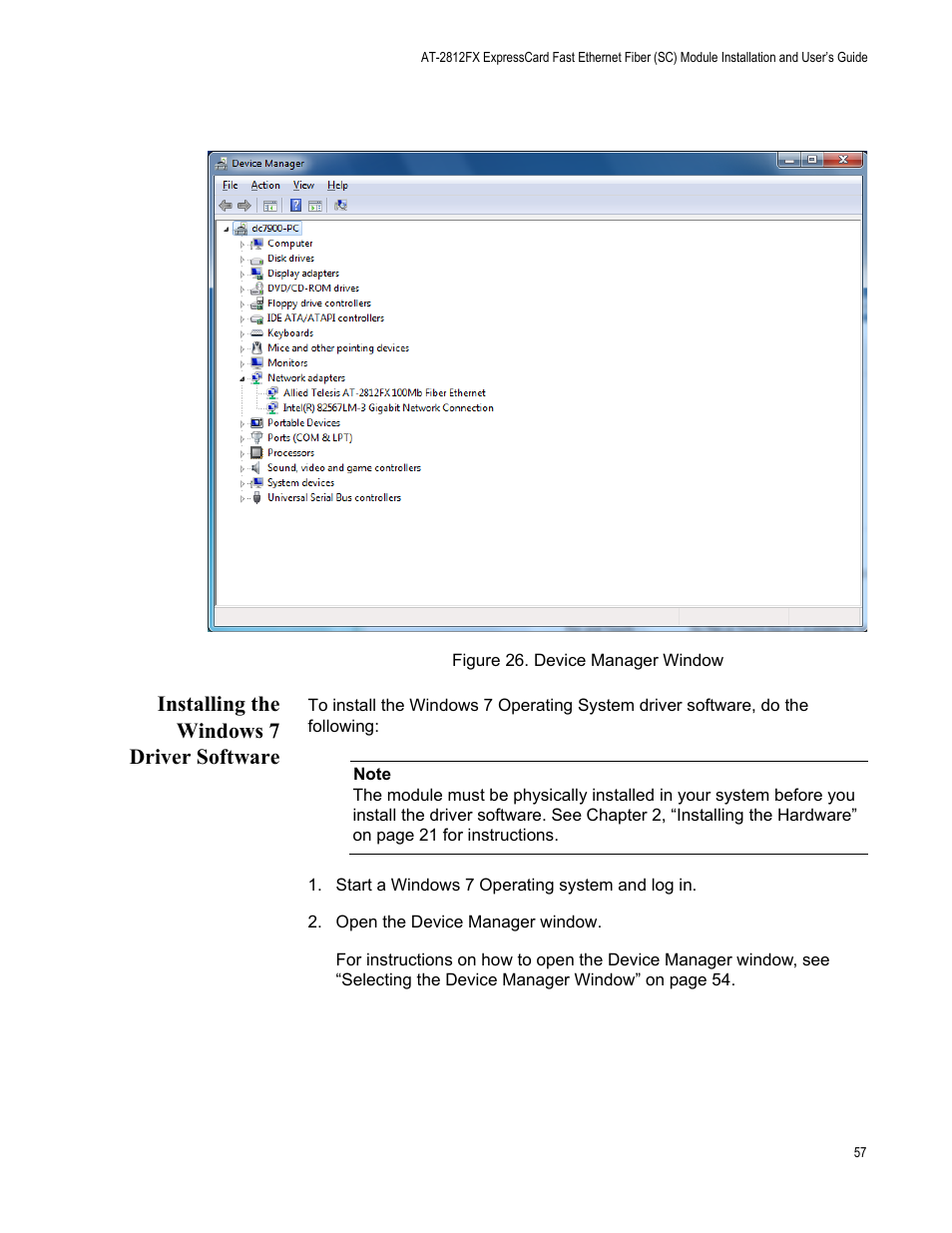 Installing the windows 7 driver software, Figure 26. device manager window | Allied Telesis AT-2812FX User Manual | Page 57 / 82