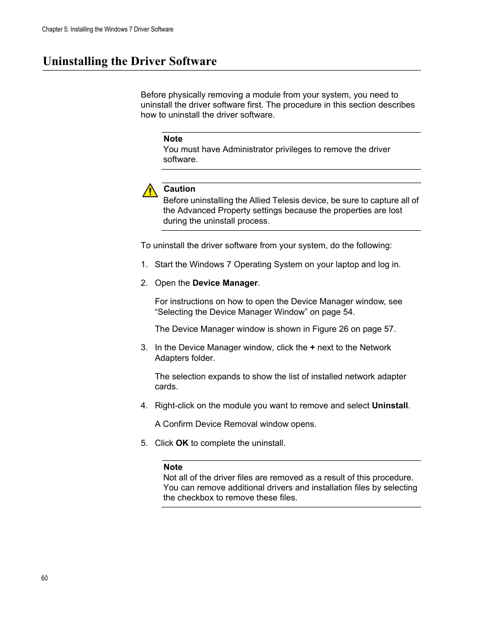 Uninstalling the driver software | Allied Telesis AT-2812FX User Manual | Page 60 / 82