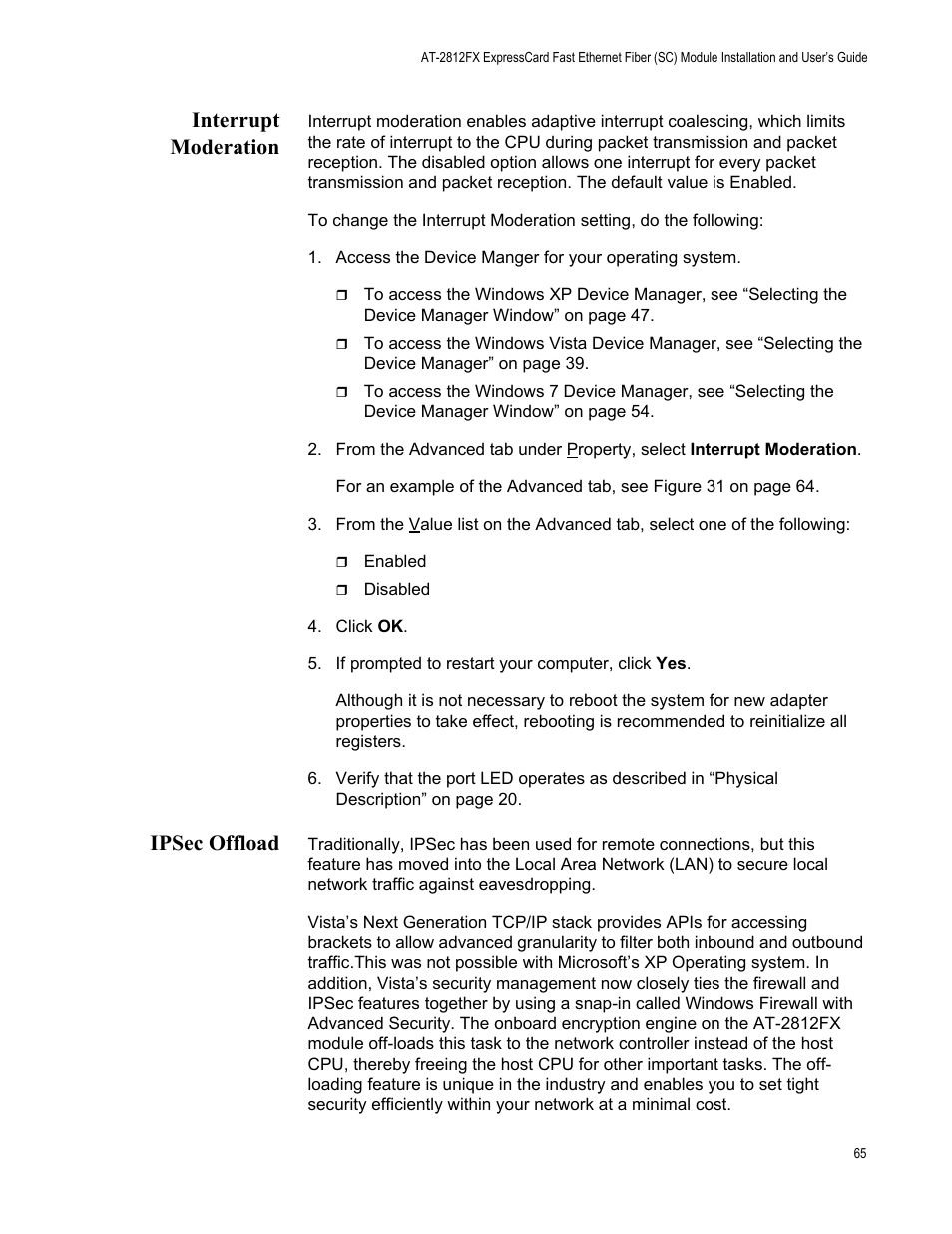 Interrupt moderation, Ipsec offload, Interrupt moderation ipsec offload | Allied Telesis AT-2812FX User Manual | Page 65 / 82