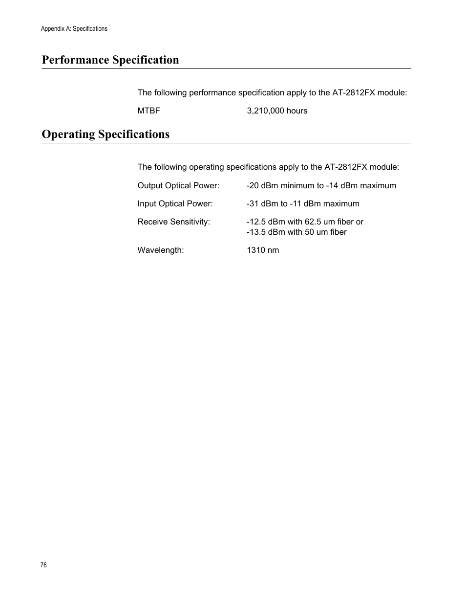 Performance specification, Operating specifications, Performance specification operating specifications | Allied Telesis AT-2812FX User Manual | Page 76 / 82