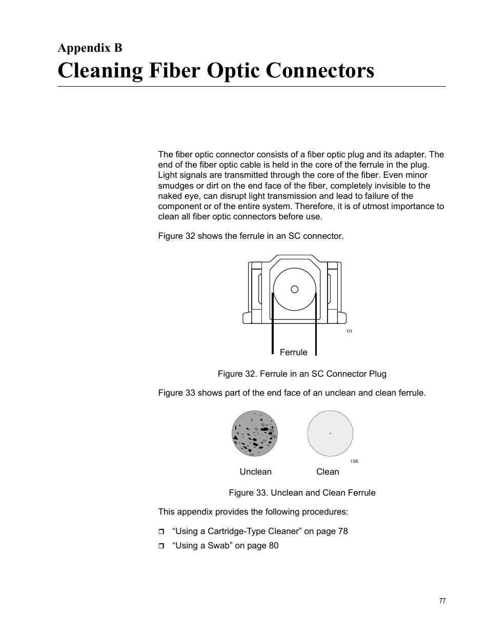 Appendix b, Cleaning fiber optic connectors, Appendix b: cleaning fiber optic connectors | Allied Telesis AT-2812FX User Manual | Page 77 / 82