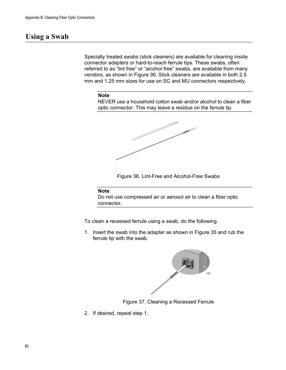 Using a swab, Figure 36. lint-free and alcohol-free swabs, Cleaning a recessed ferrule | Allied Telesis AT-2812FX User Manual | Page 80 / 82