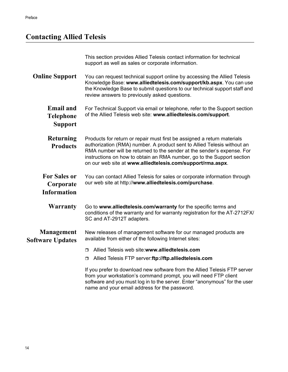 Contacting allied telesis, Online support, Email and telephone support | Returning products, For sales or corporate information, Warranty, Management software updates | Allied Telesis AT-2912T User Manual | Page 14 / 92