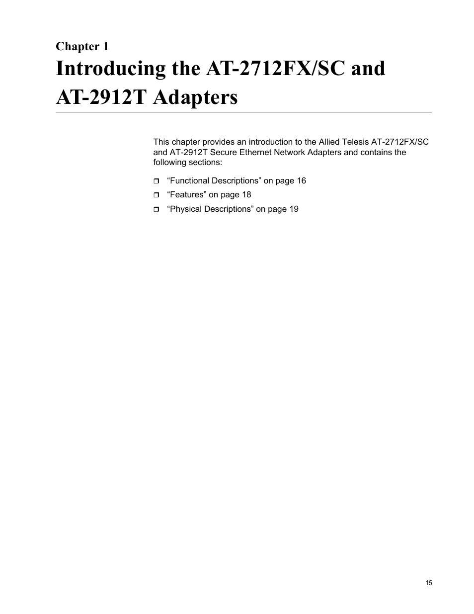 Chapter 1, Introducing the at-2712fx/sc and at-2912t adapters | Allied Telesis AT-2912T User Manual | Page 15 / 92