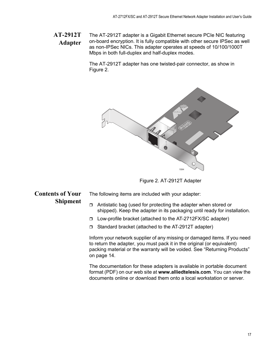 At-2912t adapter, Contents of your shipment, At-2912t adapter contents of your shipment | Allied Telesis AT-2912T User Manual | Page 17 / 92