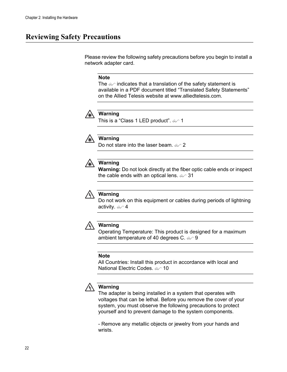 Reviewing safety precautions | Allied Telesis AT-2912T User Manual | Page 22 / 92