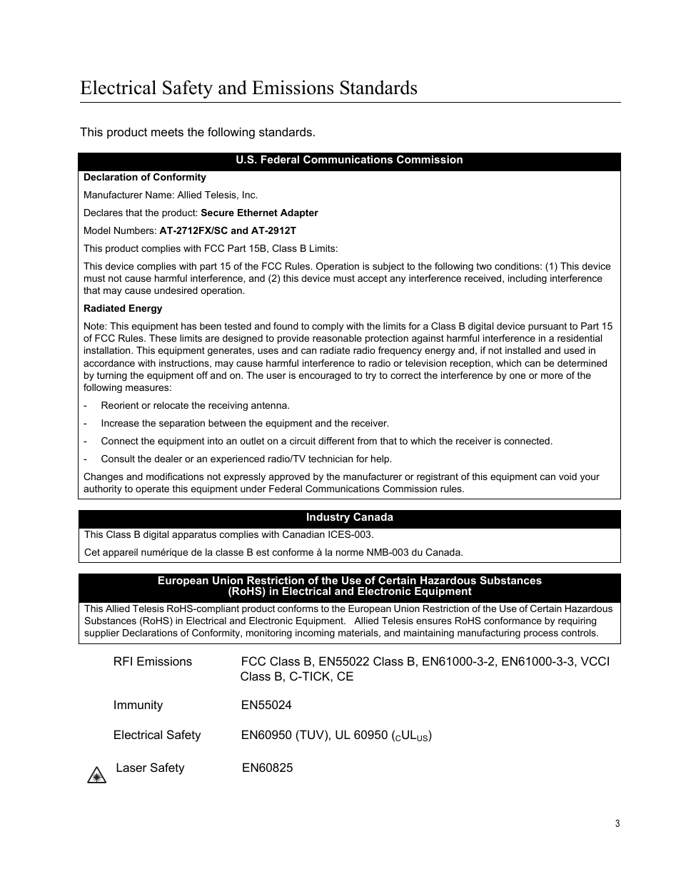 Electrical safety and emissions standards | Allied Telesis AT-2912T User Manual | Page 3 / 92