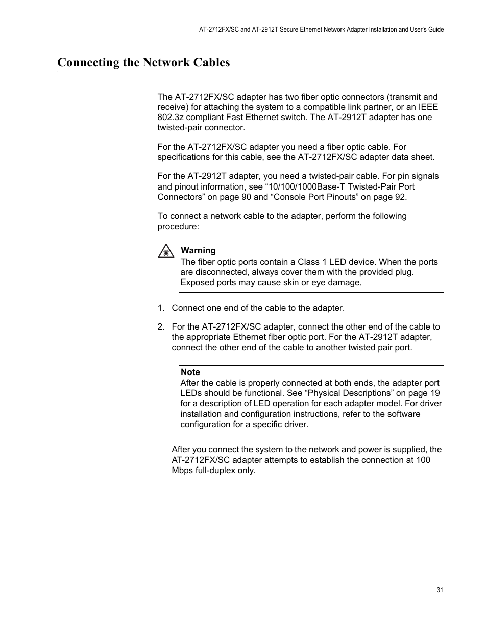 Connecting the network cables | Allied Telesis AT-2912T User Manual | Page 31 / 92