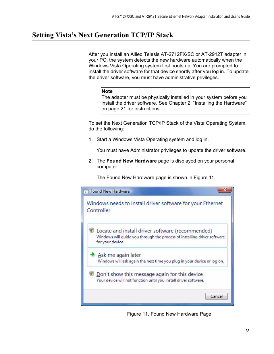 Setting vista’s next generation tcp/ip stack | Allied Telesis AT-2912T User Manual | Page 35 / 92
