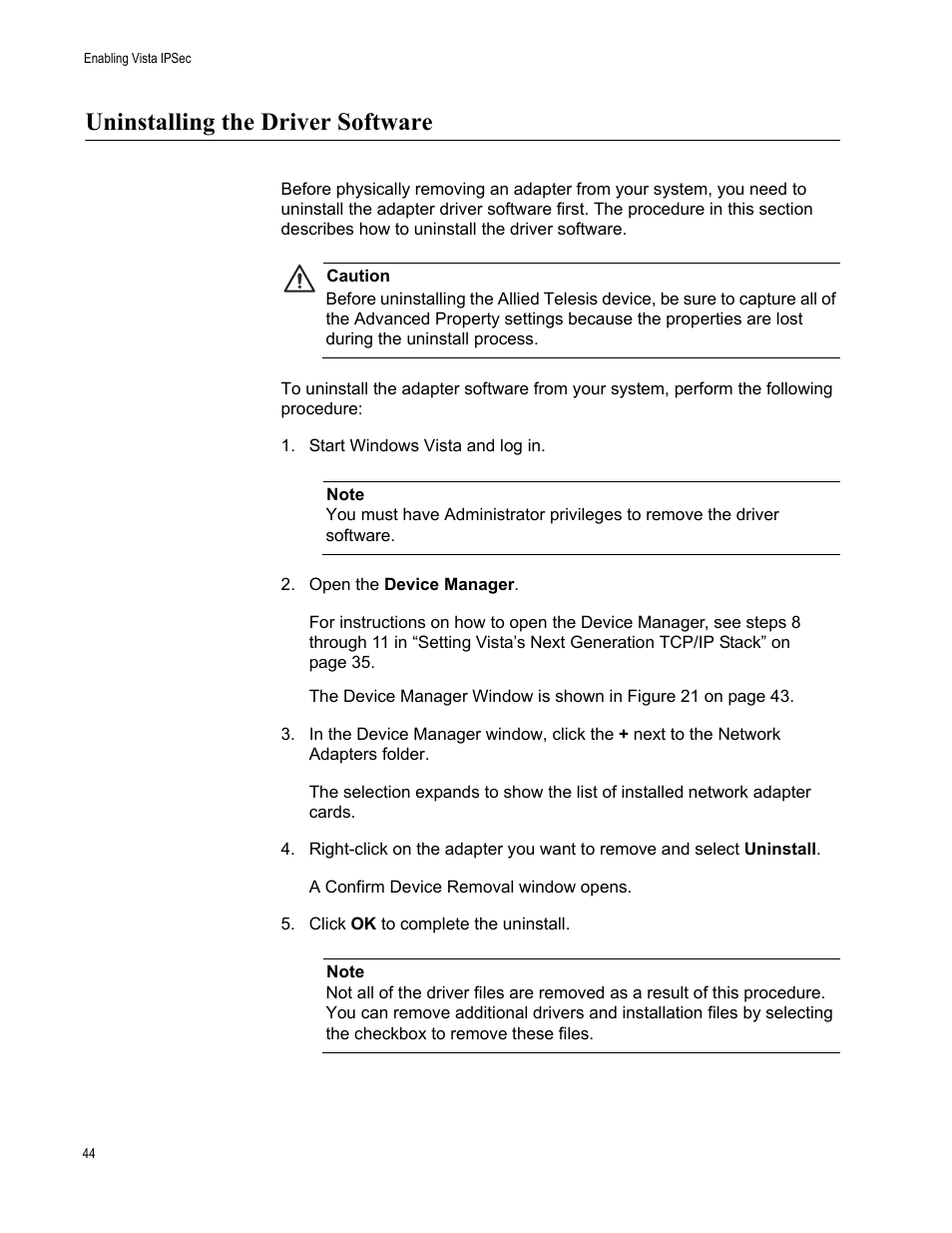 Uninstalling the driver software | Allied Telesis AT-2912T User Manual | Page 44 / 92