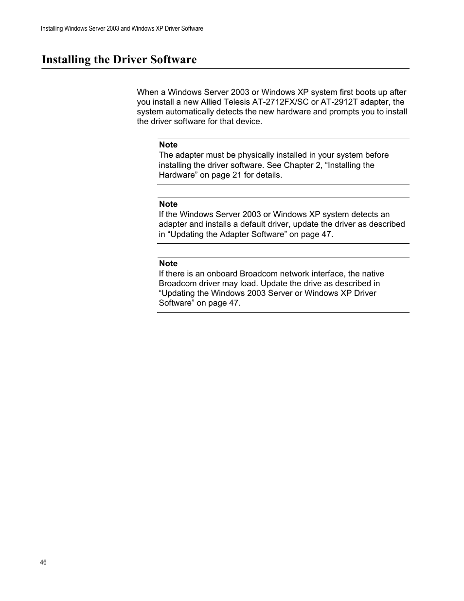 Installing the driver software | Allied Telesis AT-2912T User Manual | Page 46 / 92