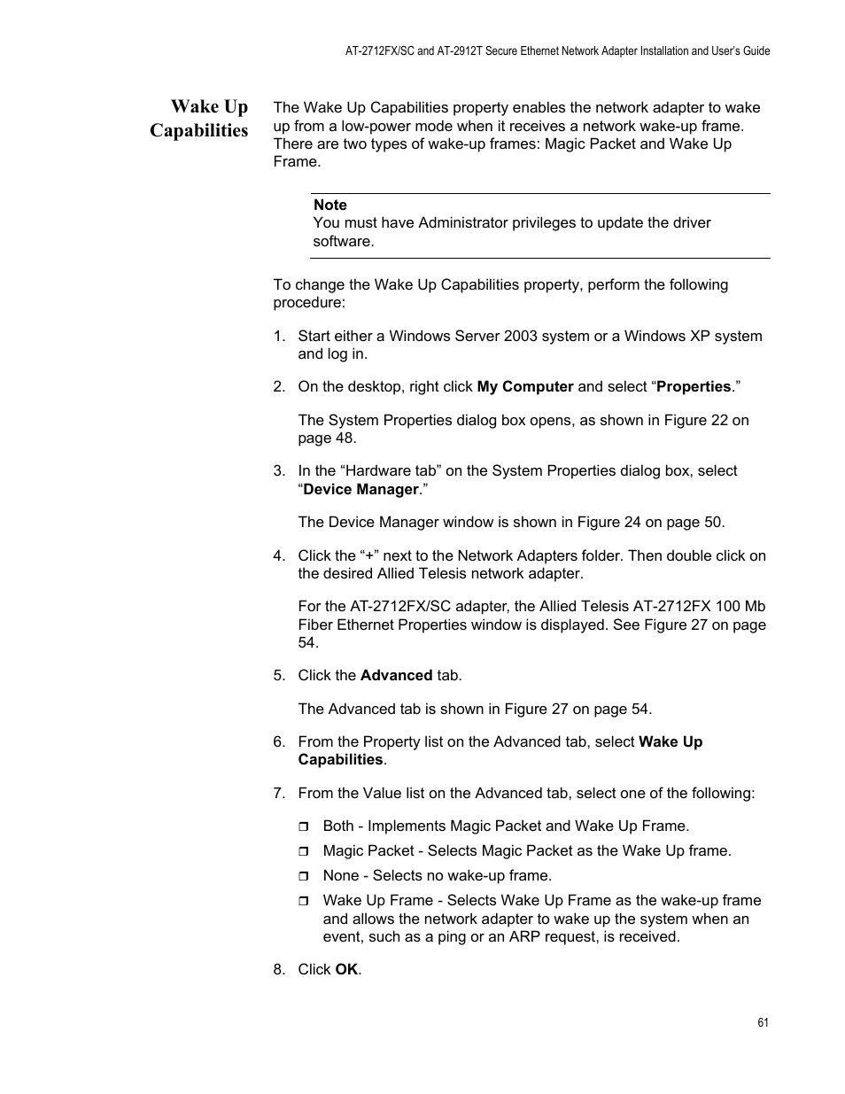Wake up capabilities | Allied Telesis AT-2912T User Manual | Page 61 / 92