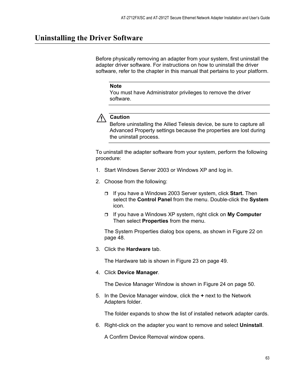 Uninstalling the driver software | Allied Telesis AT-2912T User Manual | Page 63 / 92