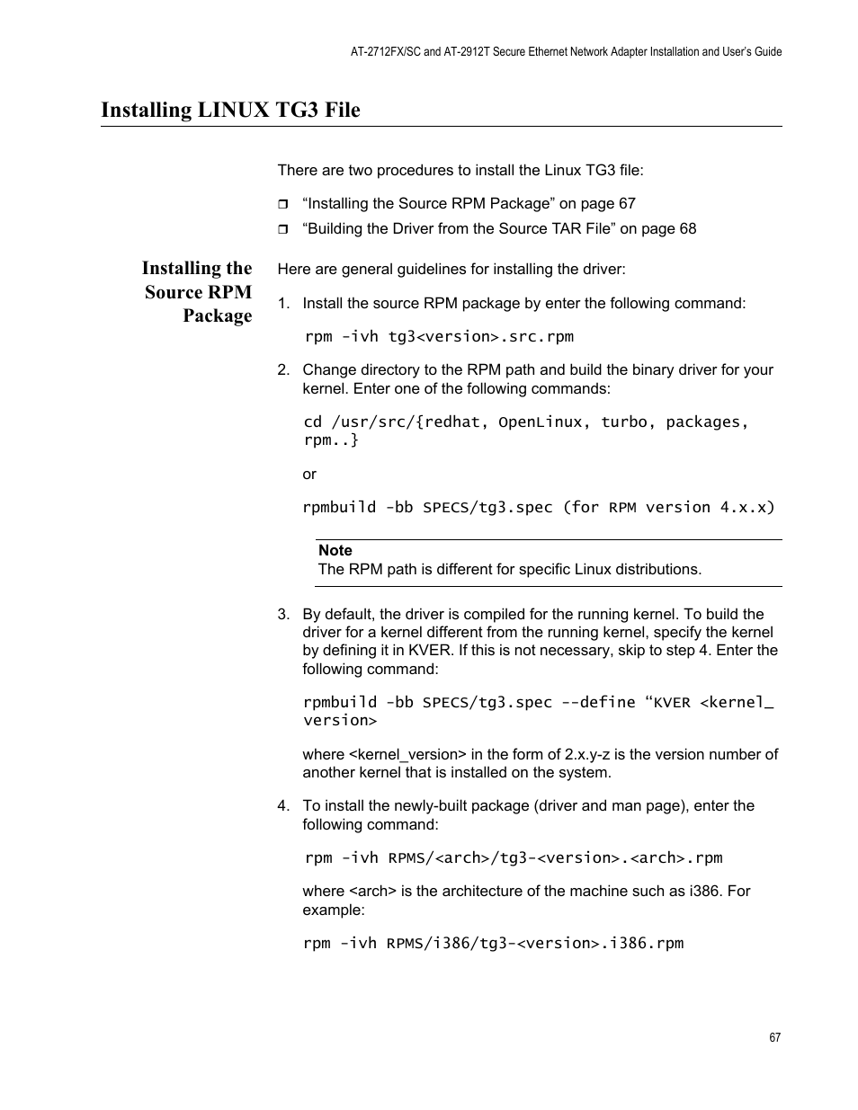 Installing linux tg3 file, Installing the source rpm package | Allied Telesis AT-2912T User Manual | Page 67 / 92