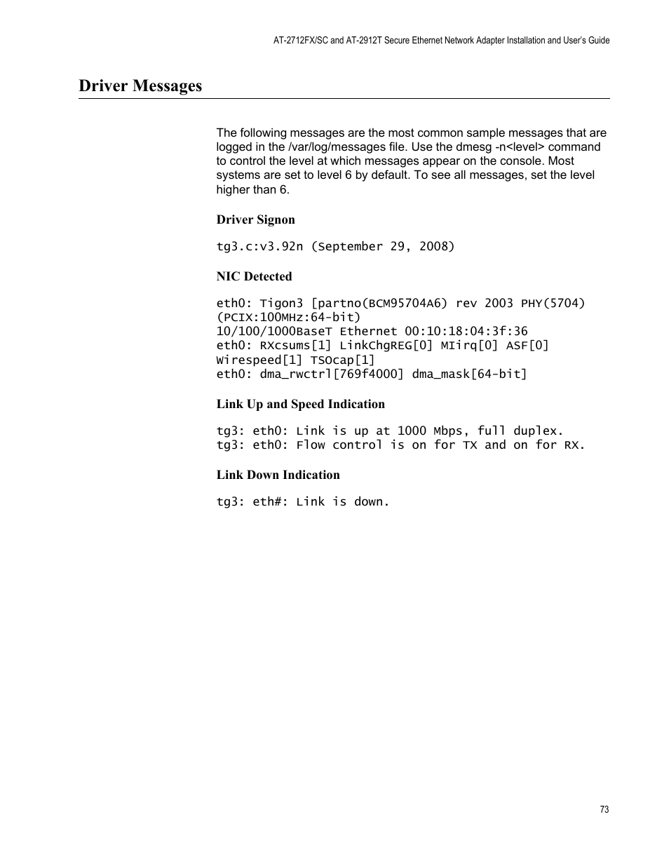 Driver messages | Allied Telesis AT-2912T User Manual | Page 73 / 92