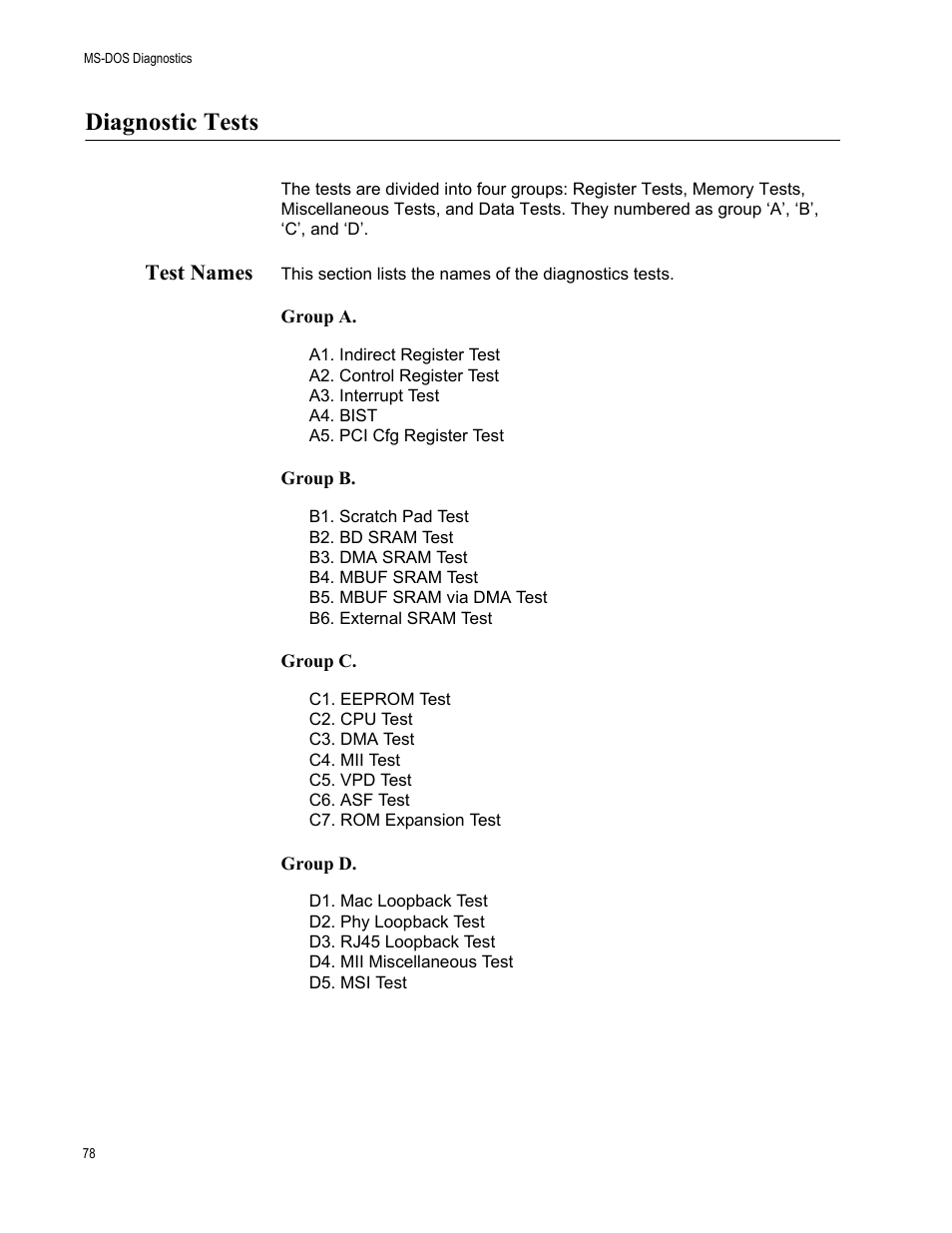 Diagnostic tests, Test names | Allied Telesis AT-2912T User Manual | Page 78 / 92