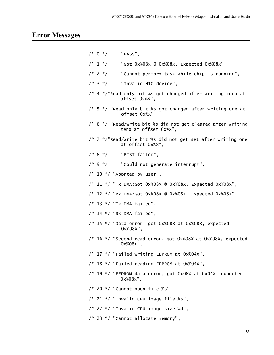 Error messages | Allied Telesis AT-2912T User Manual | Page 85 / 92