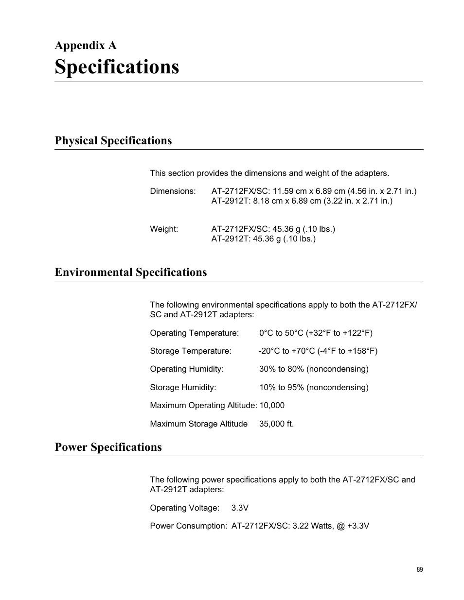 Appendix a, Specifications, Physical specifications | Environmental specifications, Power specifications, Appendix a: specifications | Allied Telesis AT-2912T User Manual | Page 89 / 92