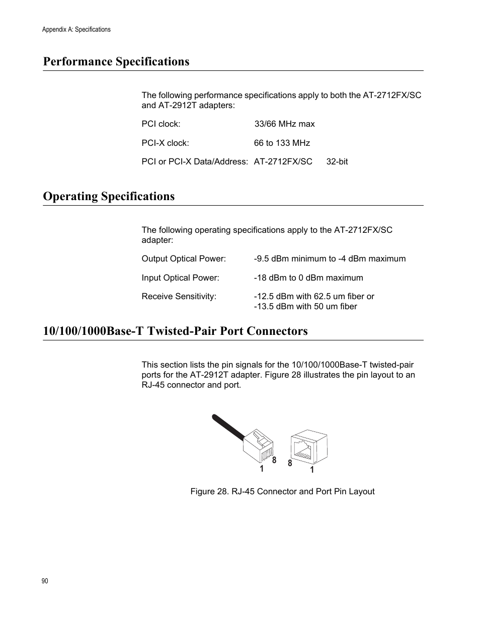 Performance specifications, Operating specifications, 10/100/1000base-t twisted-pair port connectors | Allied Telesis AT-2912T User Manual | Page 90 / 92