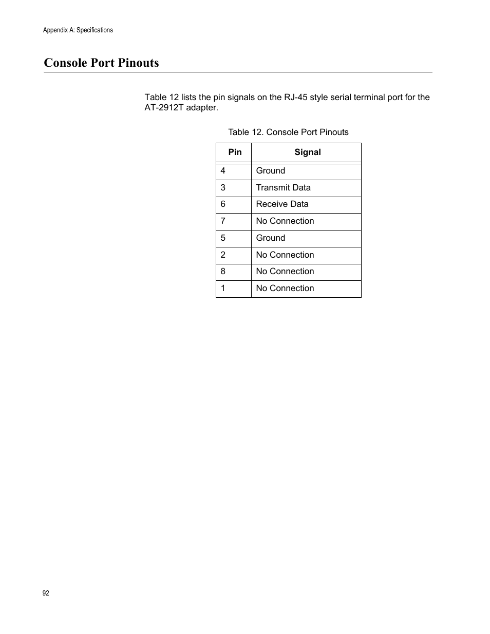 Console port pinouts | Allied Telesis AT-2912T User Manual | Page 92 / 92
