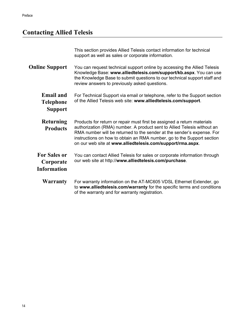Contacting allied telesis, Online support, Email and telephone support | Returning products, For sales or corporate information, Warranty | Allied Telesis AT-MC605 User Manual | Page 14 / 48