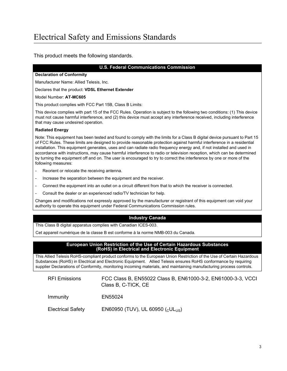 Electrical safety and emissions standards | Allied Telesis AT-MC605 User Manual | Page 3 / 48