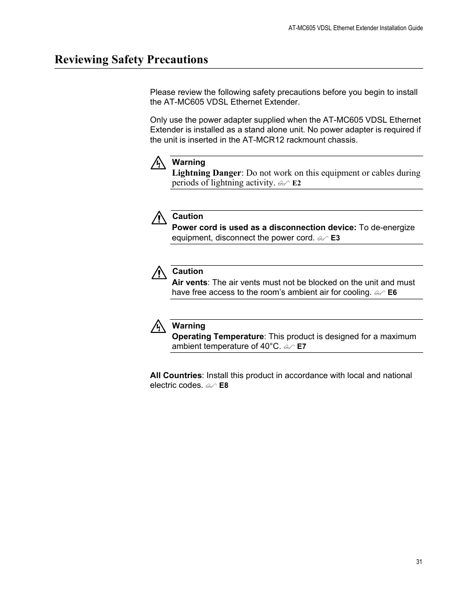 Reviewing safety precautions | Allied Telesis AT-MC605 User Manual | Page 31 / 48