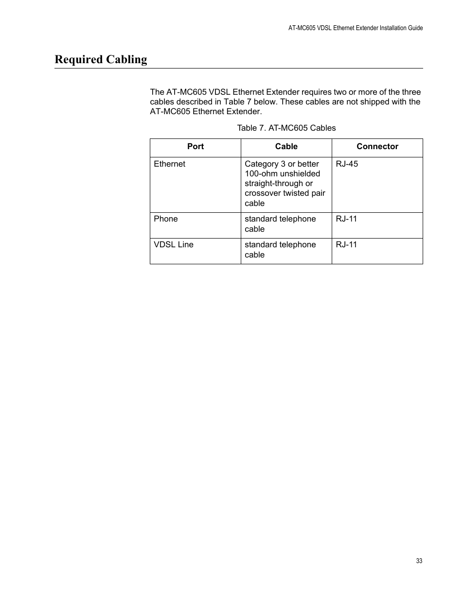 Required cabling, At-mc605 cables | Allied Telesis AT-MC605 User Manual | Page 33 / 48
