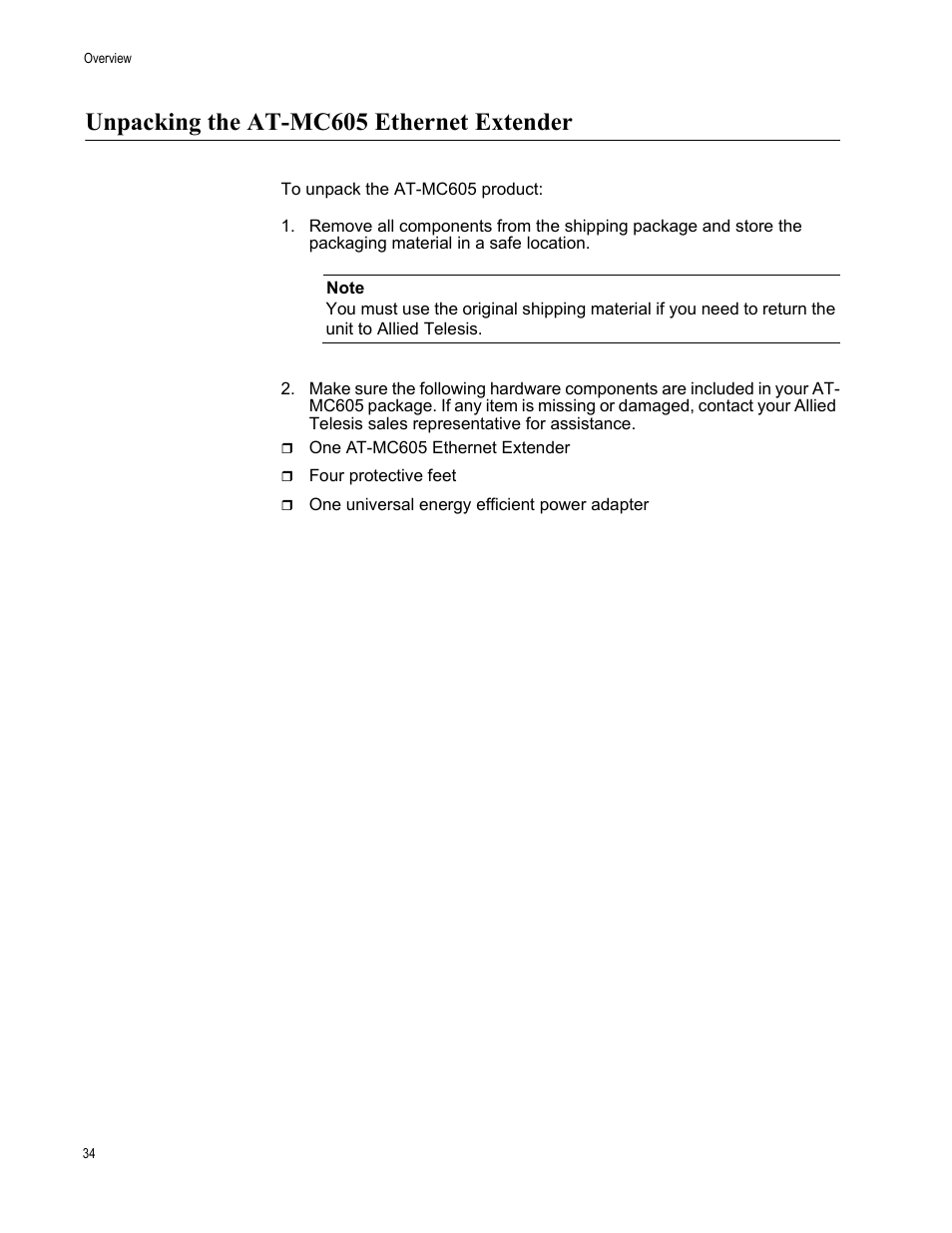 Unpacking the at-mc605 ethernet extender | Allied Telesis AT-MC605 User Manual | Page 34 / 48