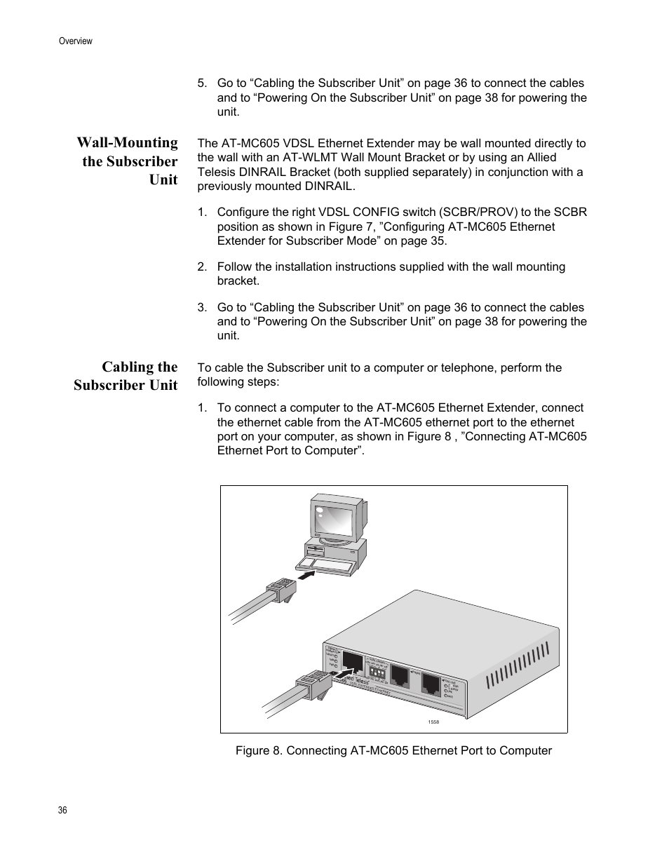 Wall-mounting the subscriber unit, Cabling the subscriber unit, Overview 36 | Allied Telesis AT-MC605 User Manual | Page 36 / 48