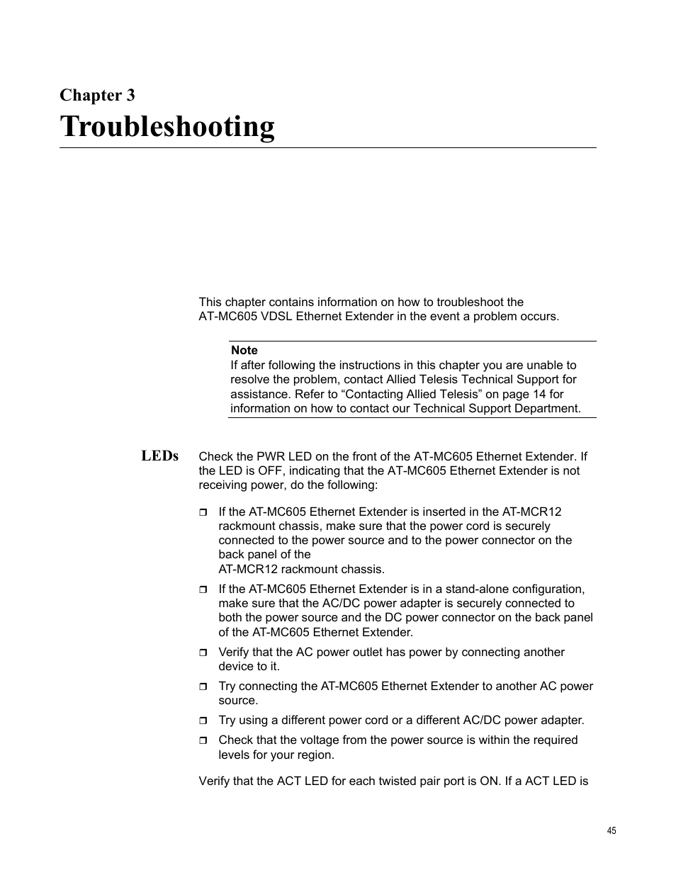 Chapter 3, Troubleshooting, Leds | R 3: troubleshooting | Allied Telesis AT-MC605 User Manual | Page 45 / 48