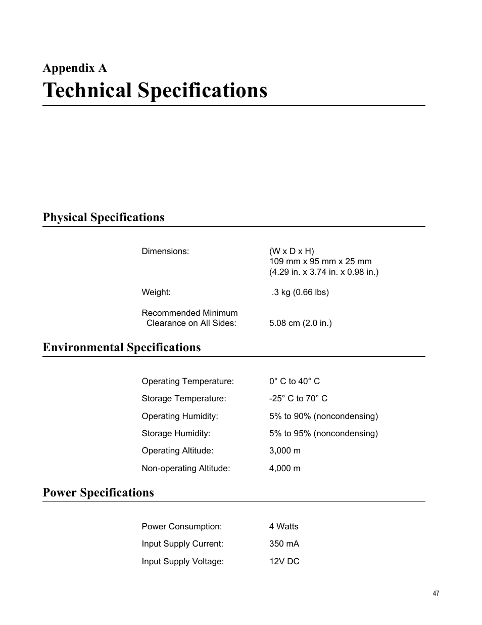 Appendix a, Technical specifications, Physical specifications | Environmental specifications, Power specifications, Appendix a: technical specifications | Allied Telesis AT-MC605 User Manual | Page 47 / 48