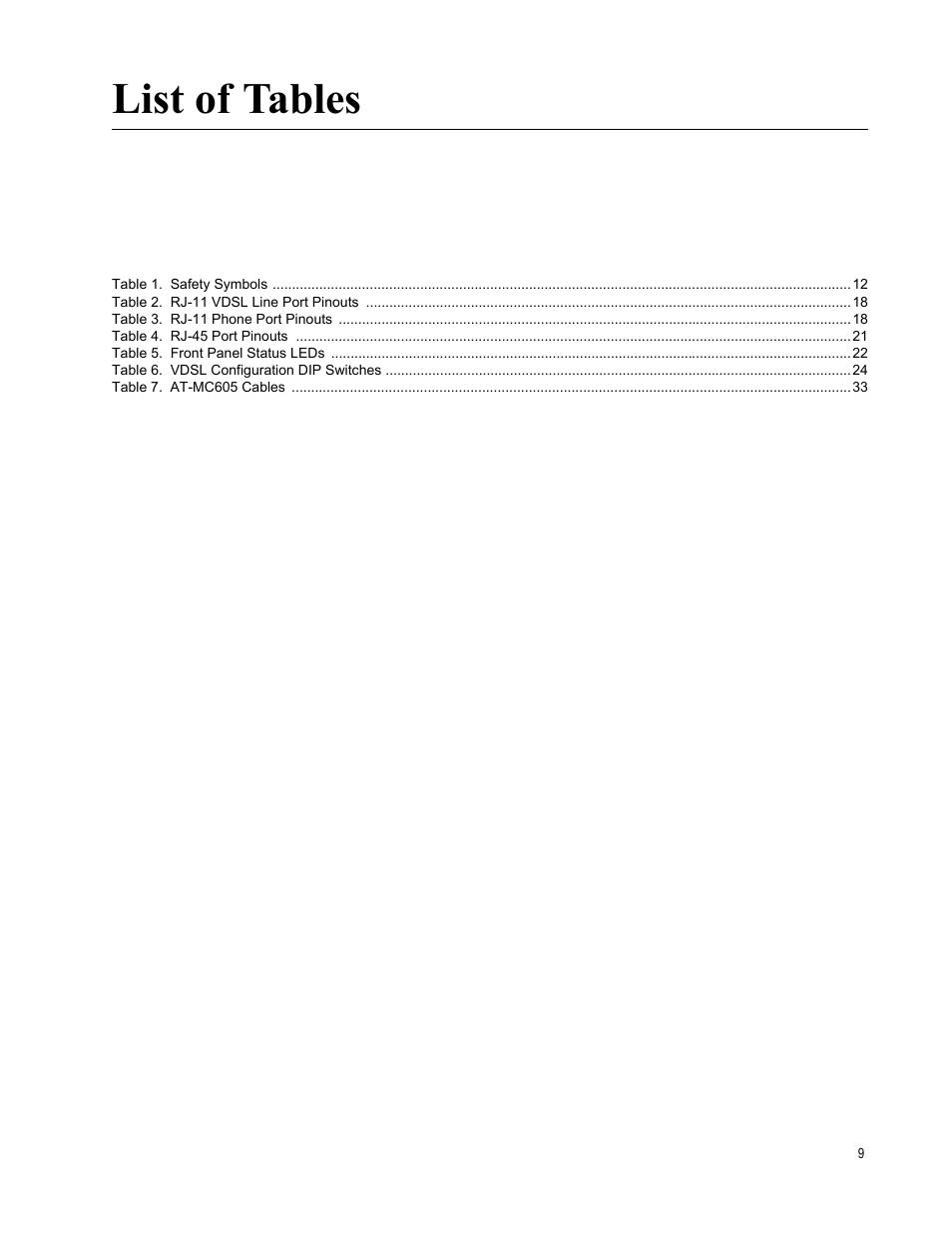 List of tables | Allied Telesis AT-MC605 User Manual | Page 9 / 48