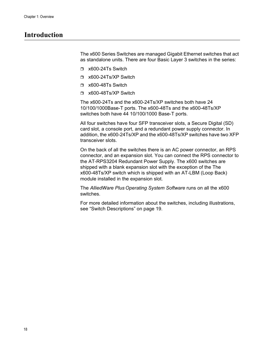 Introduction | Allied Telesis x600-48Ts/XP User Manual | Page 18 / 94