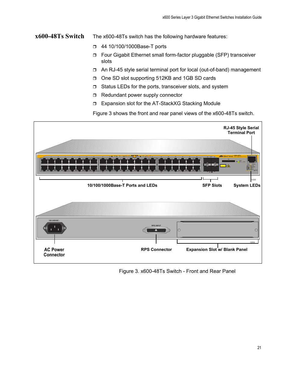 X600-48ts switch, Figure 3. x600-48ts switch - front and rear panel, One sd slot supporting 512kb and 1gb sd cards | Redundant power supply connector, Ac power connector, Class 1 laser product, Rps connector expansion slot w/ blank panel | Allied Telesis x600-48Ts/XP User Manual | Page 21 / 94