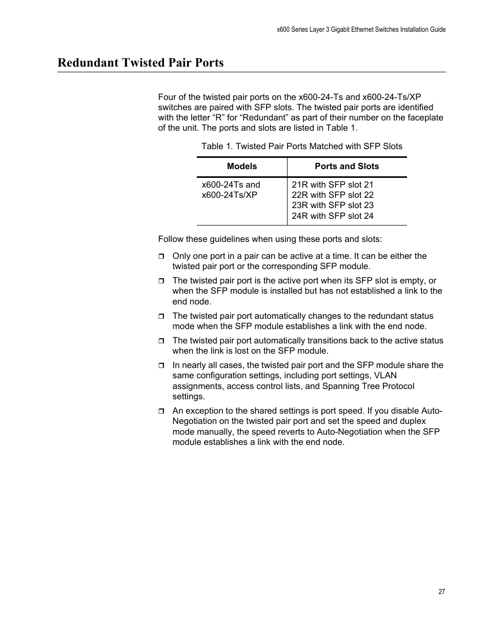 Redundant twisted pair ports, Table 2. twisted pair ports matched with sfp slots | Allied Telesis x600-48Ts/XP User Manual | Page 27 / 94