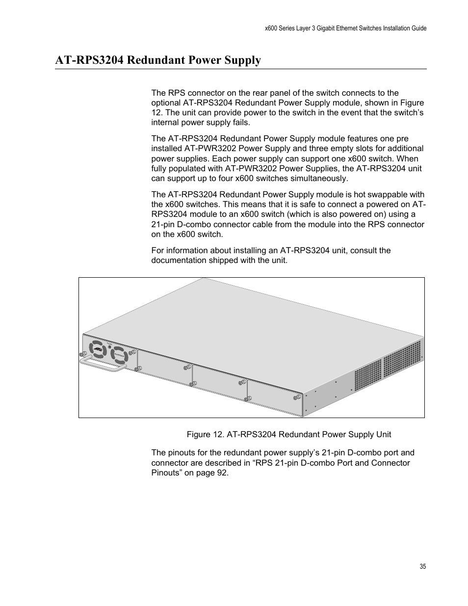 At-rps3204 redundant power supply, Figure 12. at-rps3204 redundant power supply unit | Allied Telesis x600-48Ts/XP User Manual | Page 35 / 94